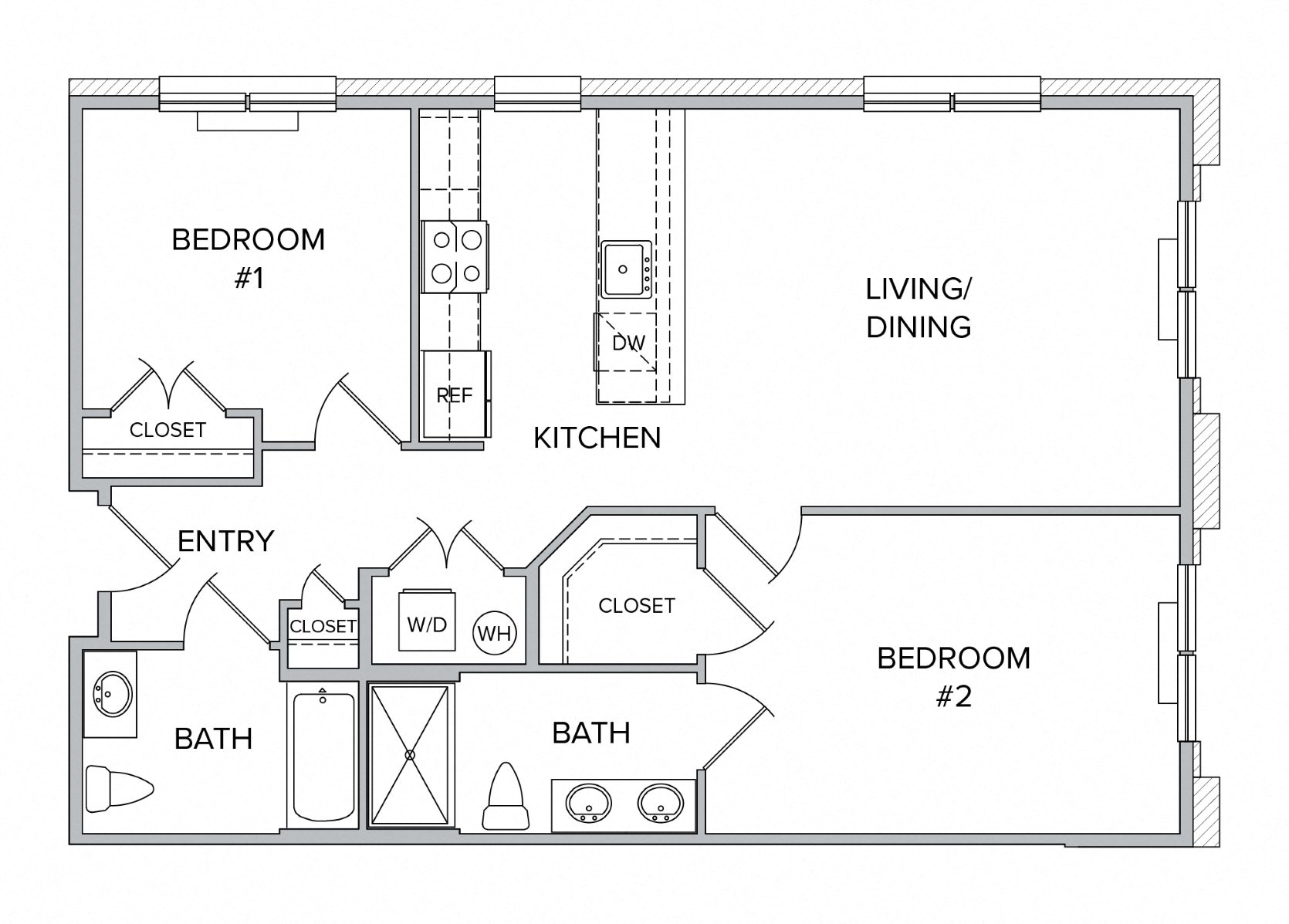 Floor plan for 2 beds, 2 baths, 1059 sqft